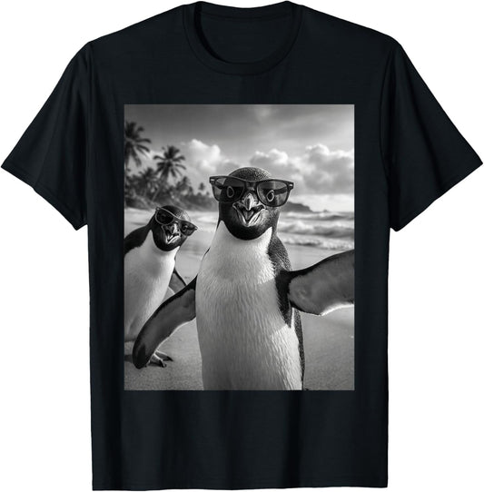 Cool Penguin Selfie at The Beach, Cute Penguins T-Shirt - T-Shirt | Black