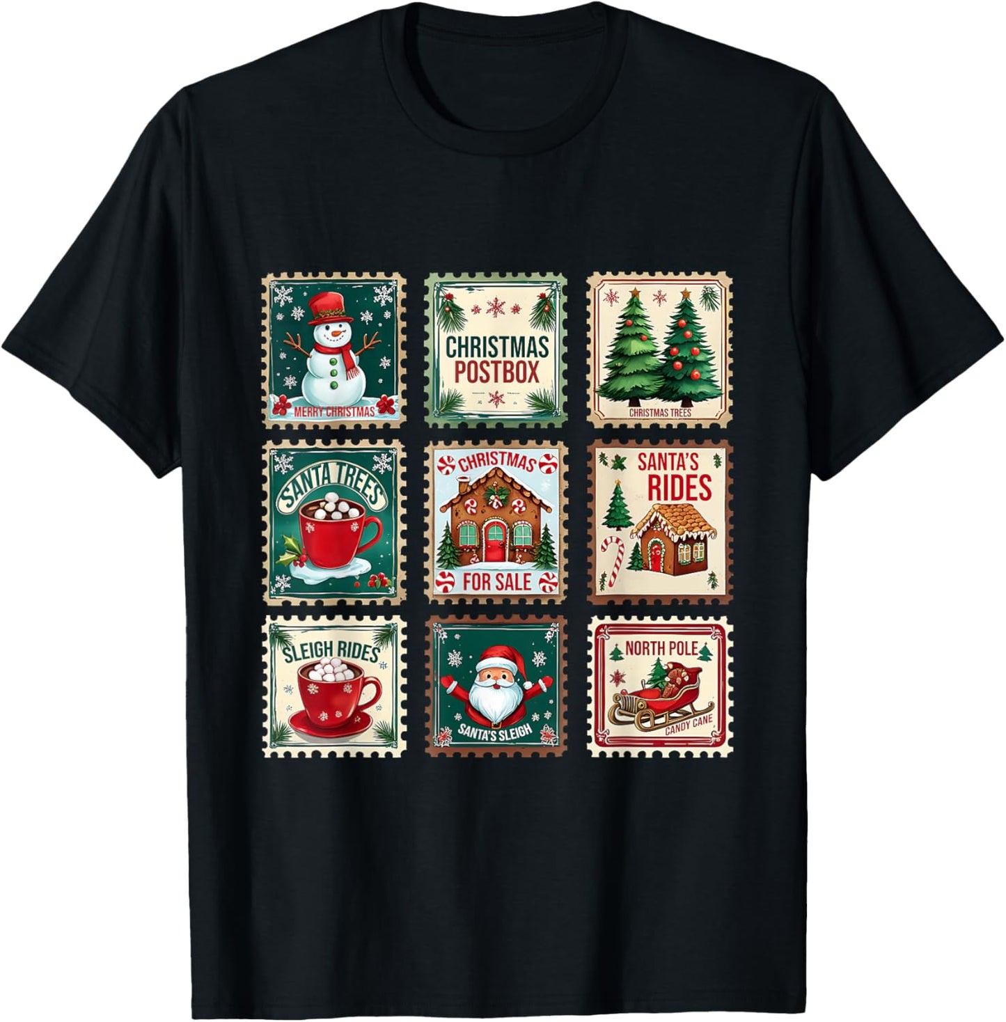 Vintage Christmas Postage Stamp Holiday Design T-Shirt - T-Shirt | Black