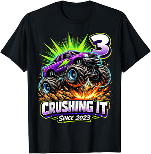 Birthday Monster Truck 3 Year Old Boys 3rd Party Born 2023 T-Shirt - T-Shirt | Black