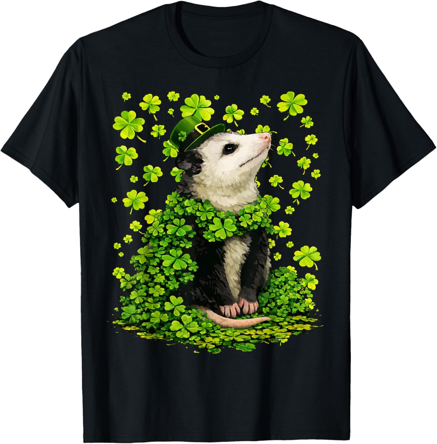 Lucky Opossum with Shamrocks Clovers St Patricks Day Possum T-Shirt - T-Shirt | Black