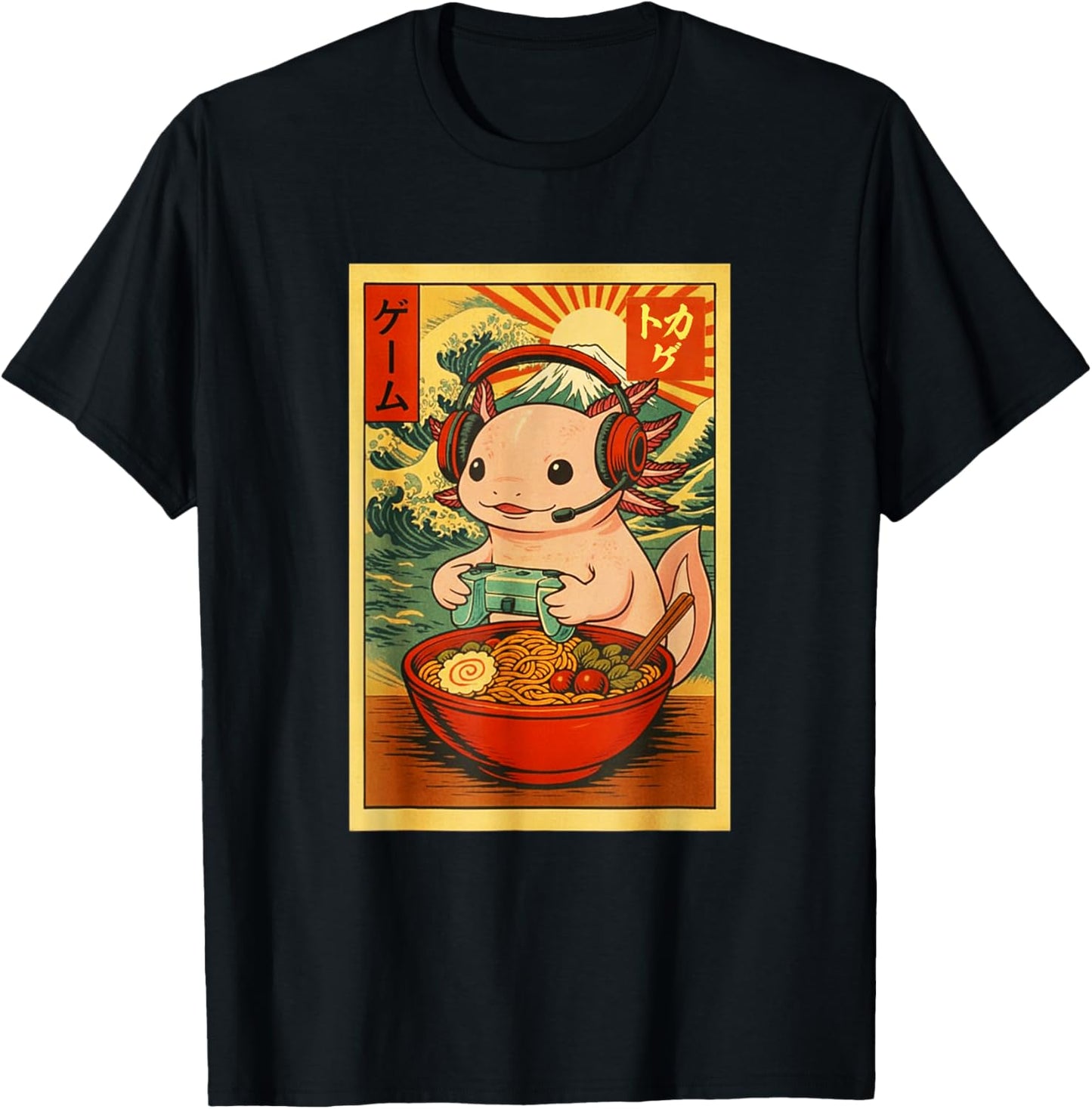 Axolotl Salamander Gaming Ramen Ukiyo-e Great Wave Retro Art T-Shirt - T-Shirt | Black