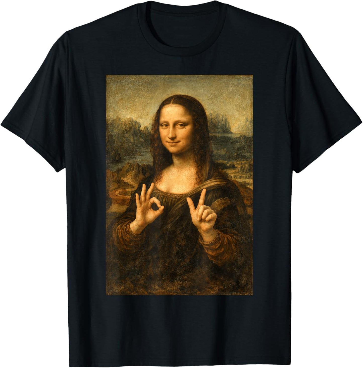 Funny Mona Lisa OK Peace Sign Art Parody Masterpiece T-Shirt - T-Shirt | Black