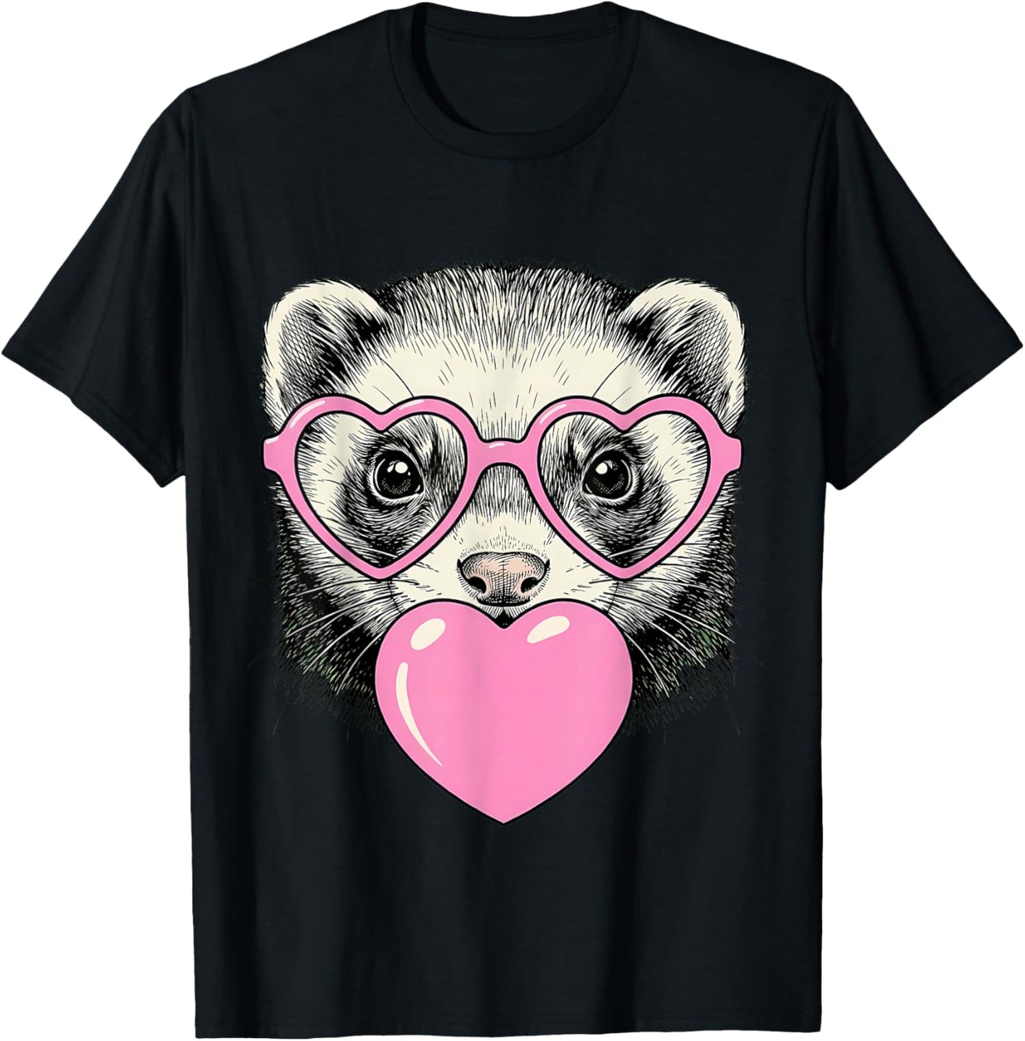 Cute Ferret Blowing Pink Valentine Heart Bubble Gum T-Shirt - T-Shirt | Black