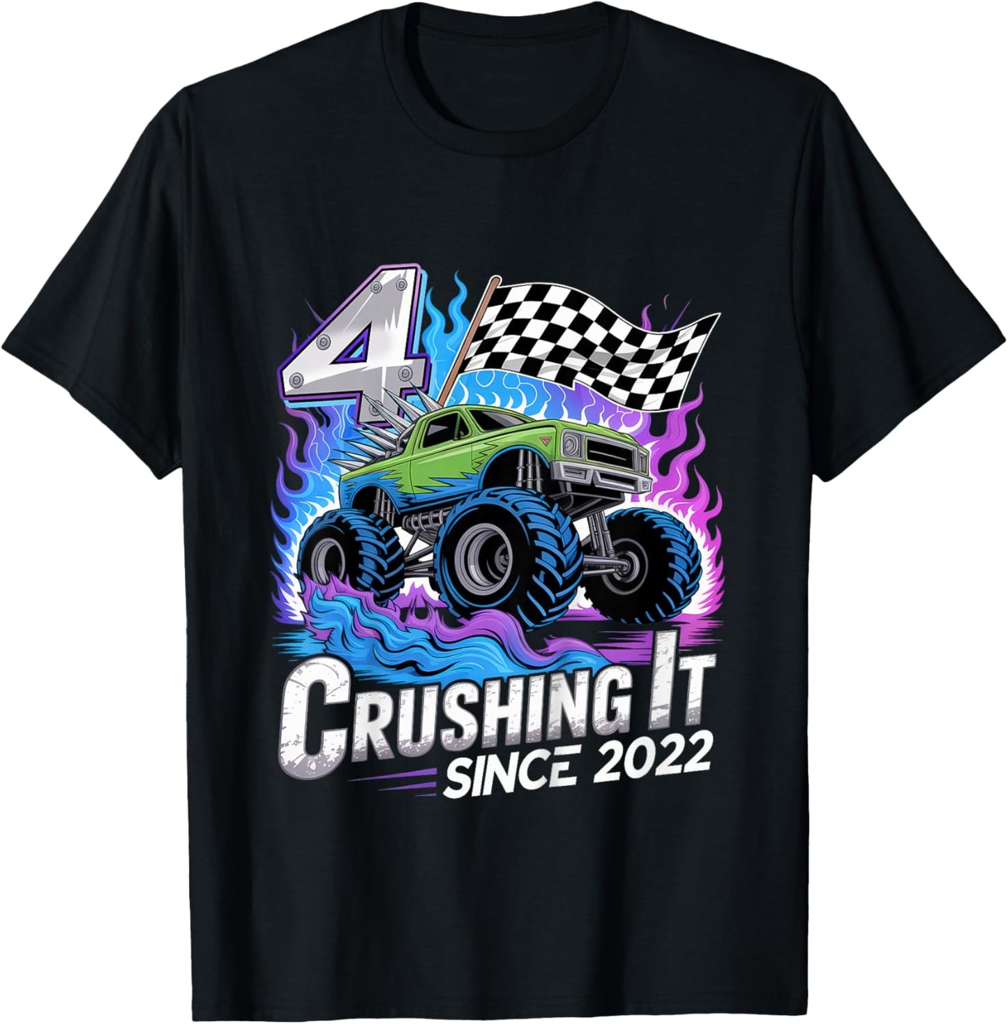 Kids 4 Year Old Monster Truck Birthday Boy 4th Party Born in 2022 T-Shirt - T-Shirt | Black