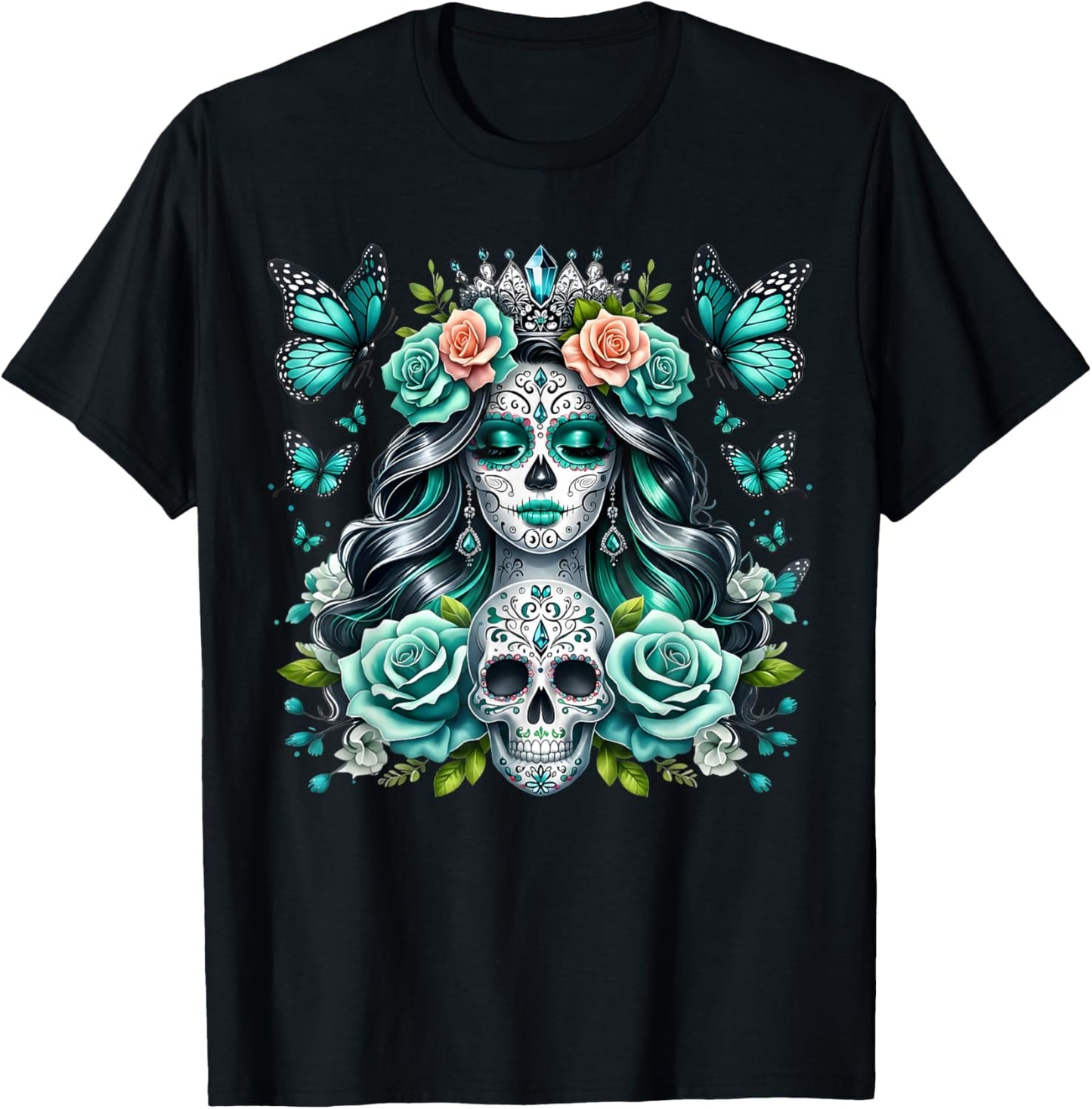 De Los Muertos La Catrina Day of The Dead Floral Sugar Skull T-Shirt - T-Shirt | Black