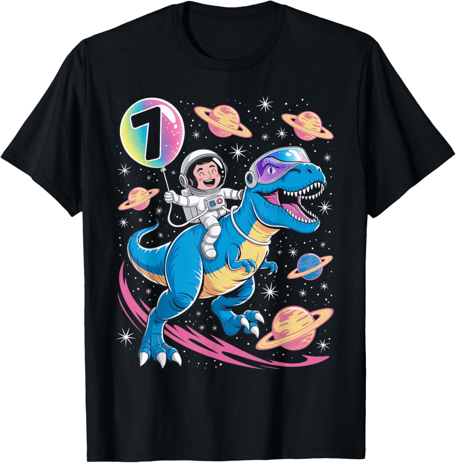 Astronaut Trex Dinosaur 7 Years Old Space Kids 7th Birthday T-Shirt - T-Shirt | Black