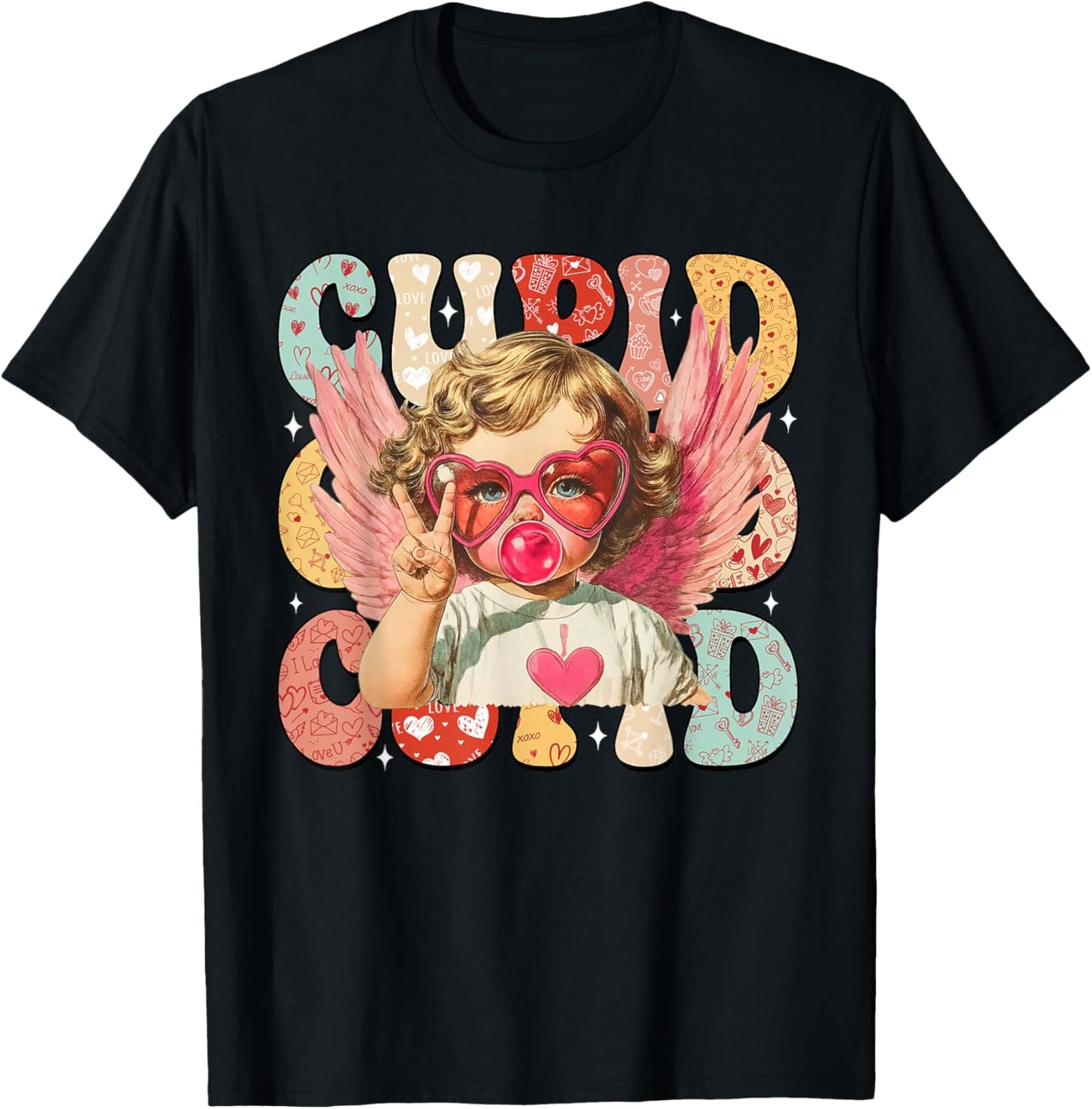 Vintage Cupid Blowing Bubble Gum Heart Sunglasses Valentines T-Shirt - T-Shirt | Black