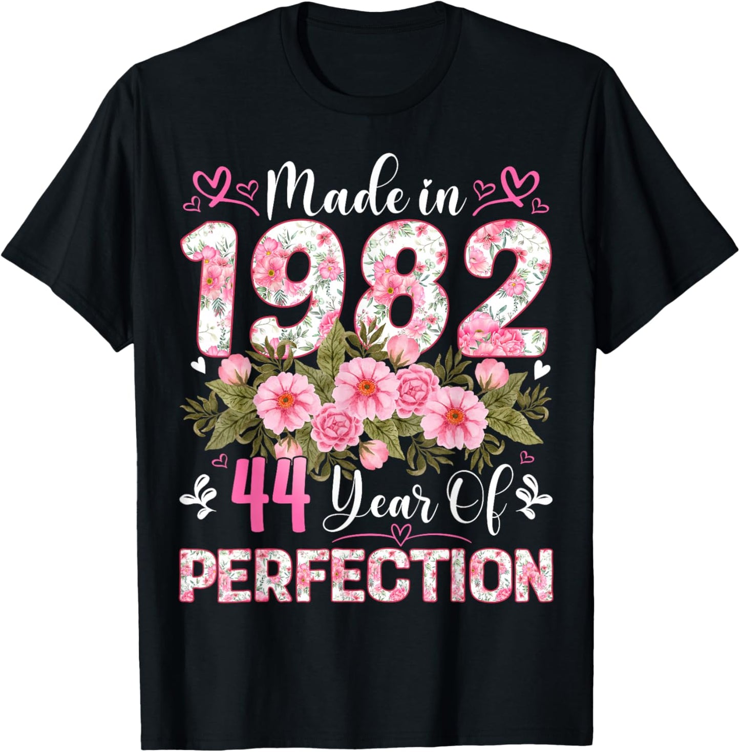44 Year Old Made in 1982 Floral 44th Birthday Women T-Shirt - T-Shirt | Black