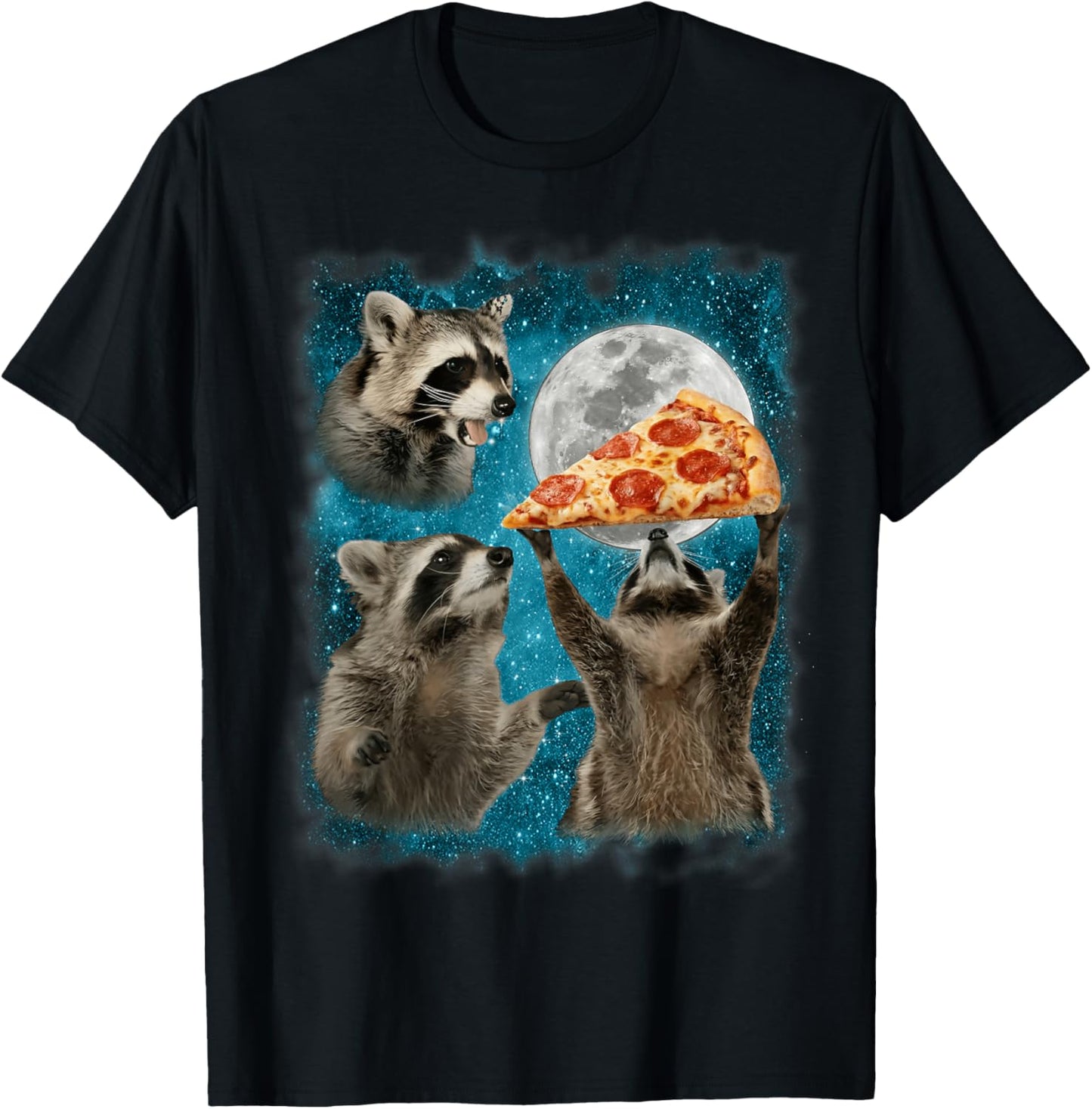 Raccoon Shirt Funny Three Racoons Howling at Moon with Pizza T-Shirt - T-Shirt | Black