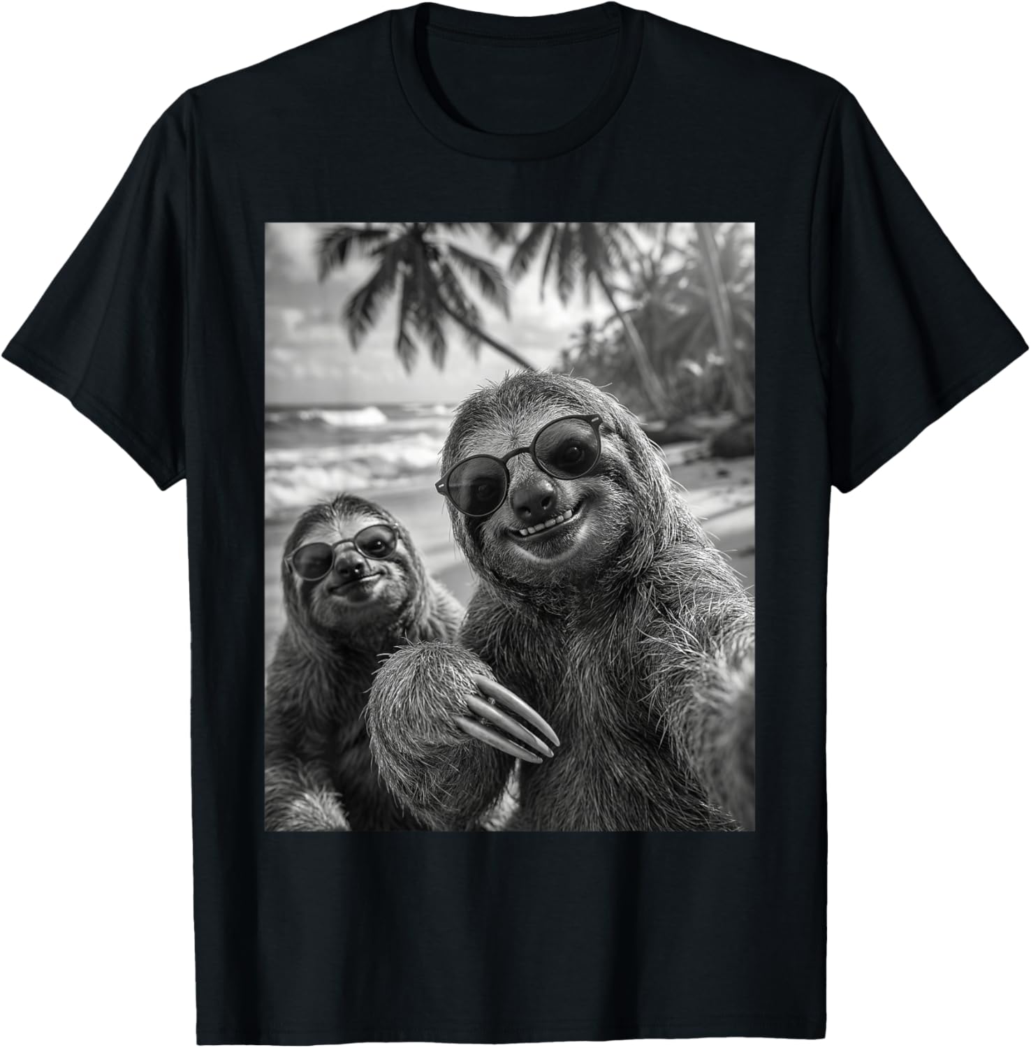 Cool Sloth Selfie At The Beach, Cute Sloths T-Shirt - T-Shirt | Black
