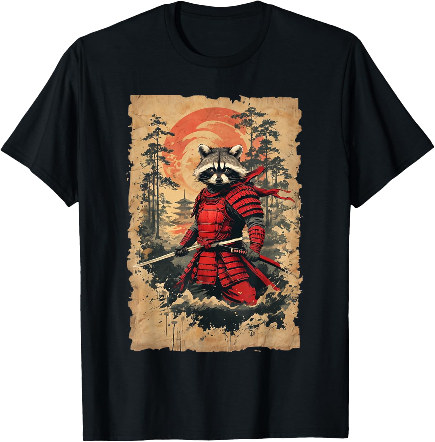 Japanese Samurai Raccoon Warrior Vintage Style Graphic T-Shirt - T-Shirt | Black