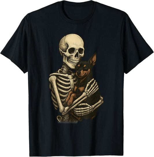 Skeleton Hugging Dog Miniature Pinscher Funny Halloween T-Shirt - T-Shirt | Black