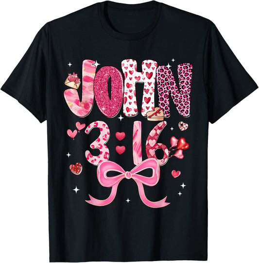 Valentine John 3:16 Coquette Bow Christian Girl Women Kid T-Shirt - T-Shirt | Black