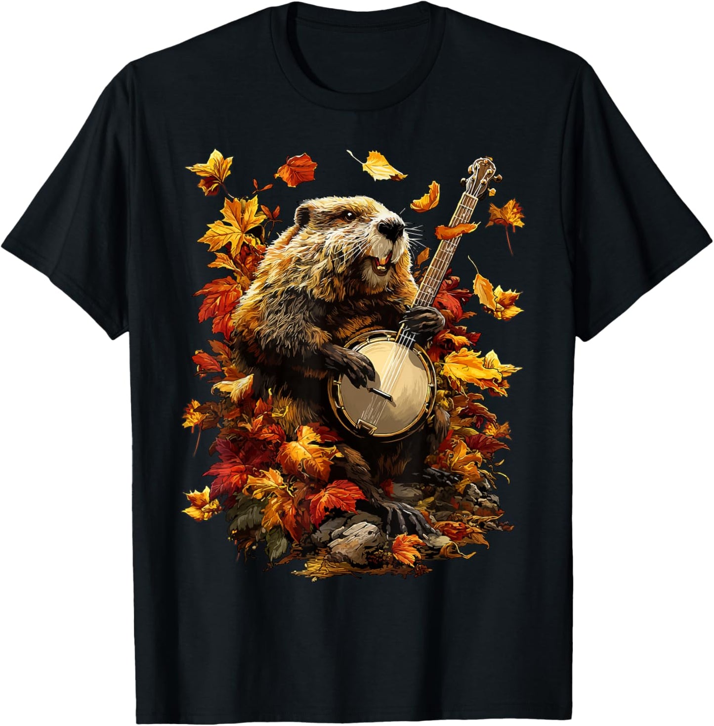 Banjoist Beaver Playing Banjo Picker Fall Leaves Autumn T-Shirt - T-Shirt | Black