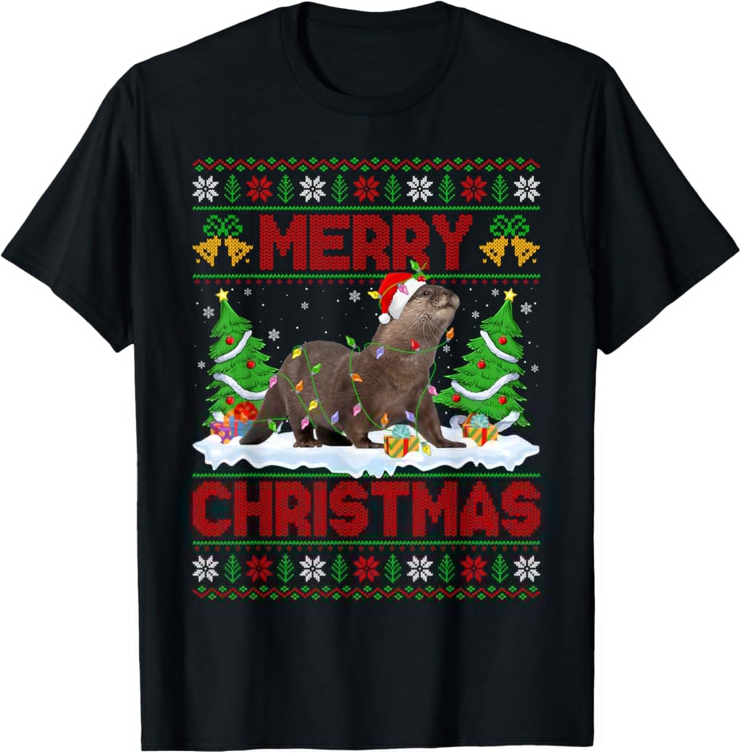 Otter Ugly Xmas Sweater Funny Otter Animal Lights Christmas T-Shirt - T-Shirt | Black