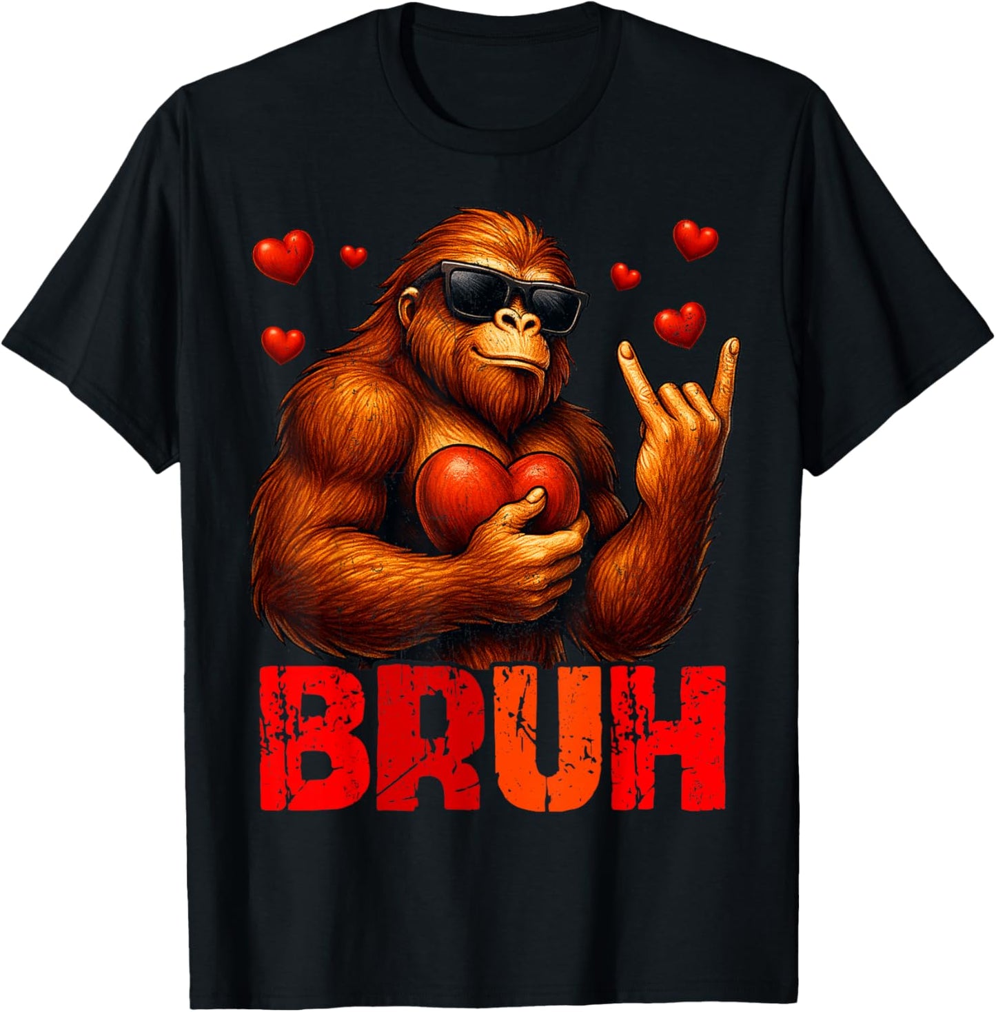 Bruh Funny Bigfoot Sasquatch Rock On Valentine Men Boy T-Shirt - T-Shirt | Black