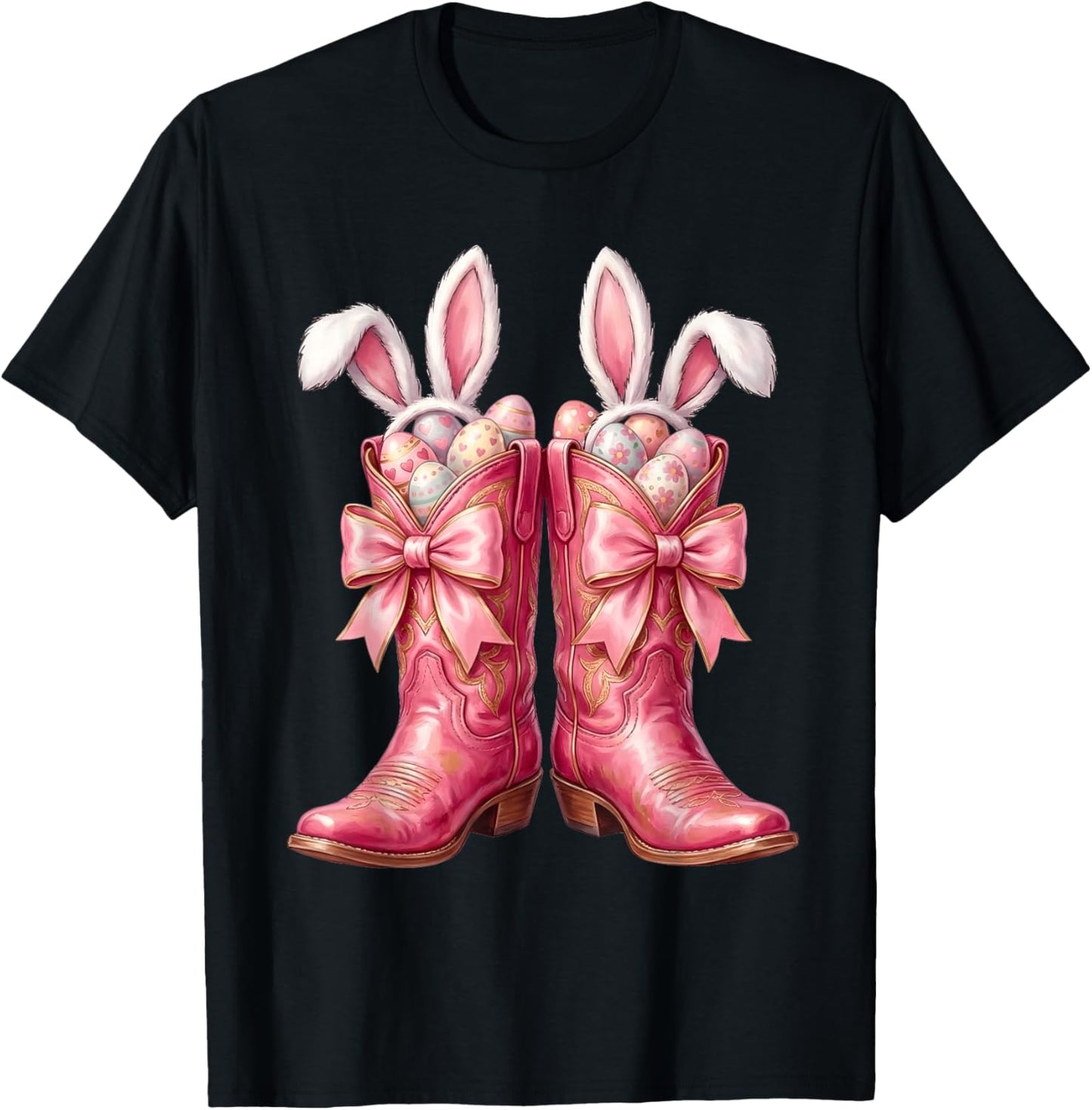 Easter Bunny Pink Boots Cowgirl Coquette Bow Girl Women T-Shirt - T-Shirt | Black