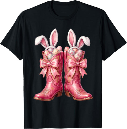 Easter Bunny Pink Boots Cowgirl Coquette Bow Girl Women T-Shirt - T-Shirt | Black