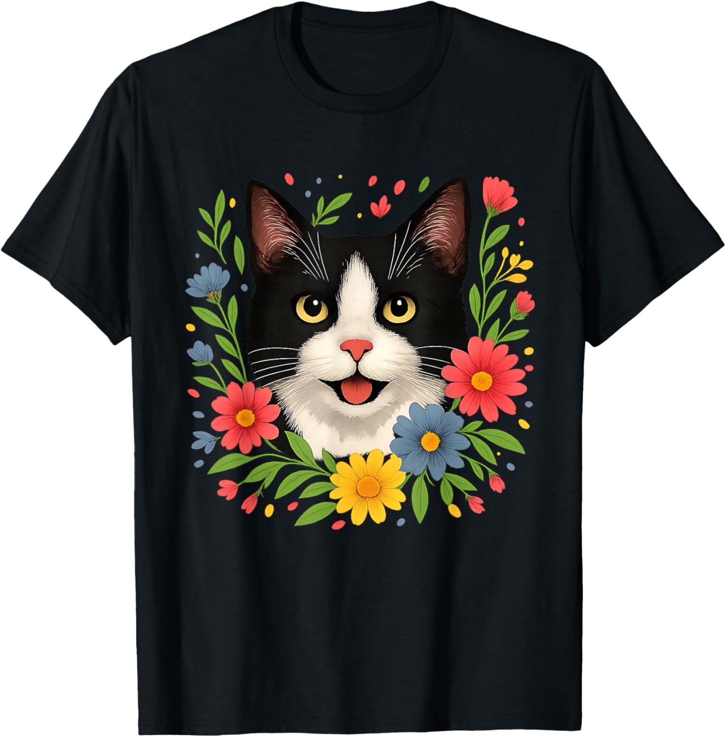 Floral Tuxedo Cat Colorful Spring Flowers Wildflowers T-Shirt - T-Shirt | Black