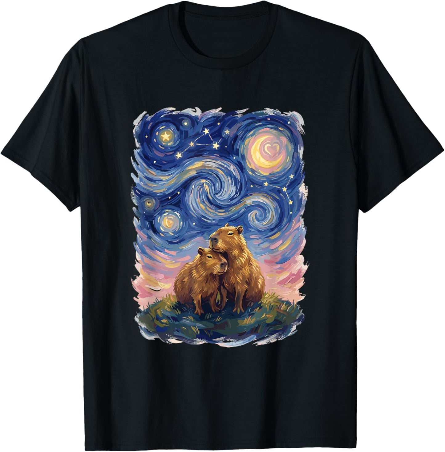 Starry Night Capybara Couple Art Parody Valentine's Day T-Shirt - T-Shirt | Black