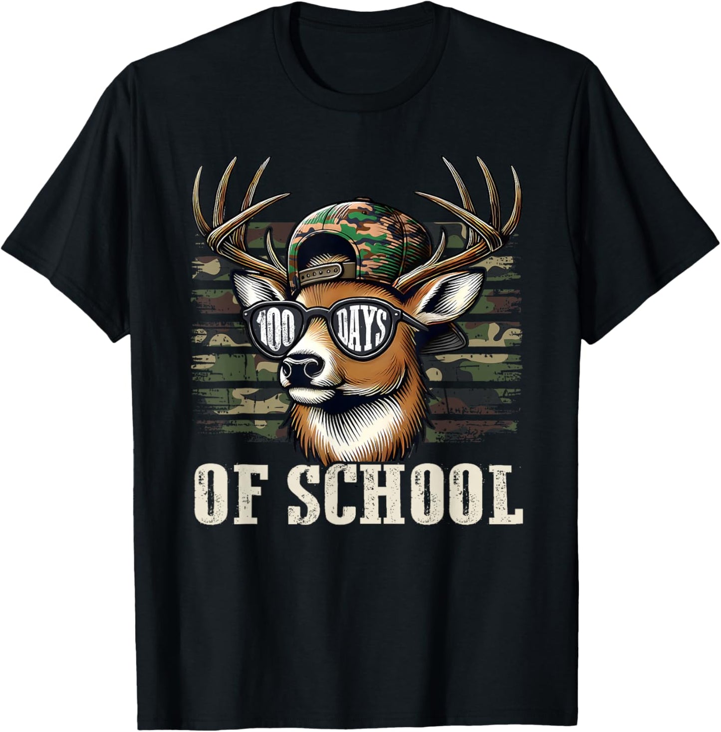 Deer Hunting Happy 100 Days of School Student Teacher Retro T-Shirt - T-Shirt | Black