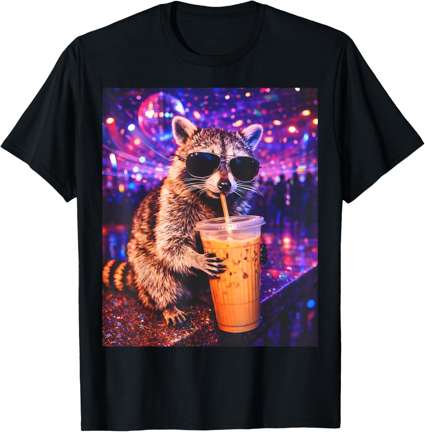 Raccoon Drinking Iced Coffee Funny Animal Meme Men Women T-Shirt - T-Shirt | Black