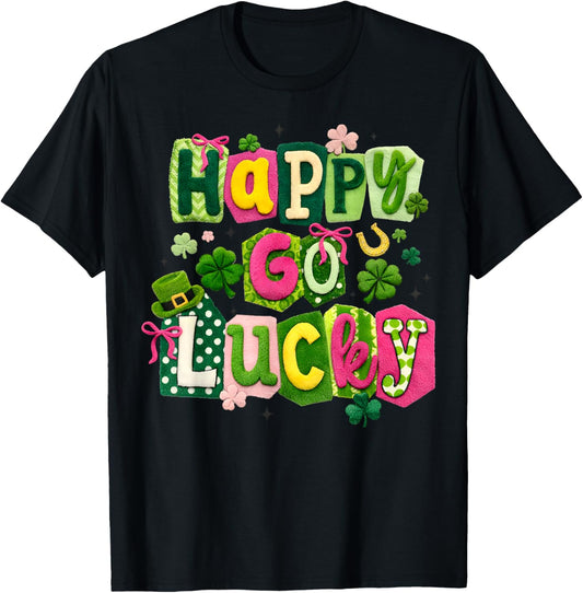 Happy Go Lucky Shamrock Crochet Irish Happy St Patrick's Day T-Shirt - T-Shirt | Black