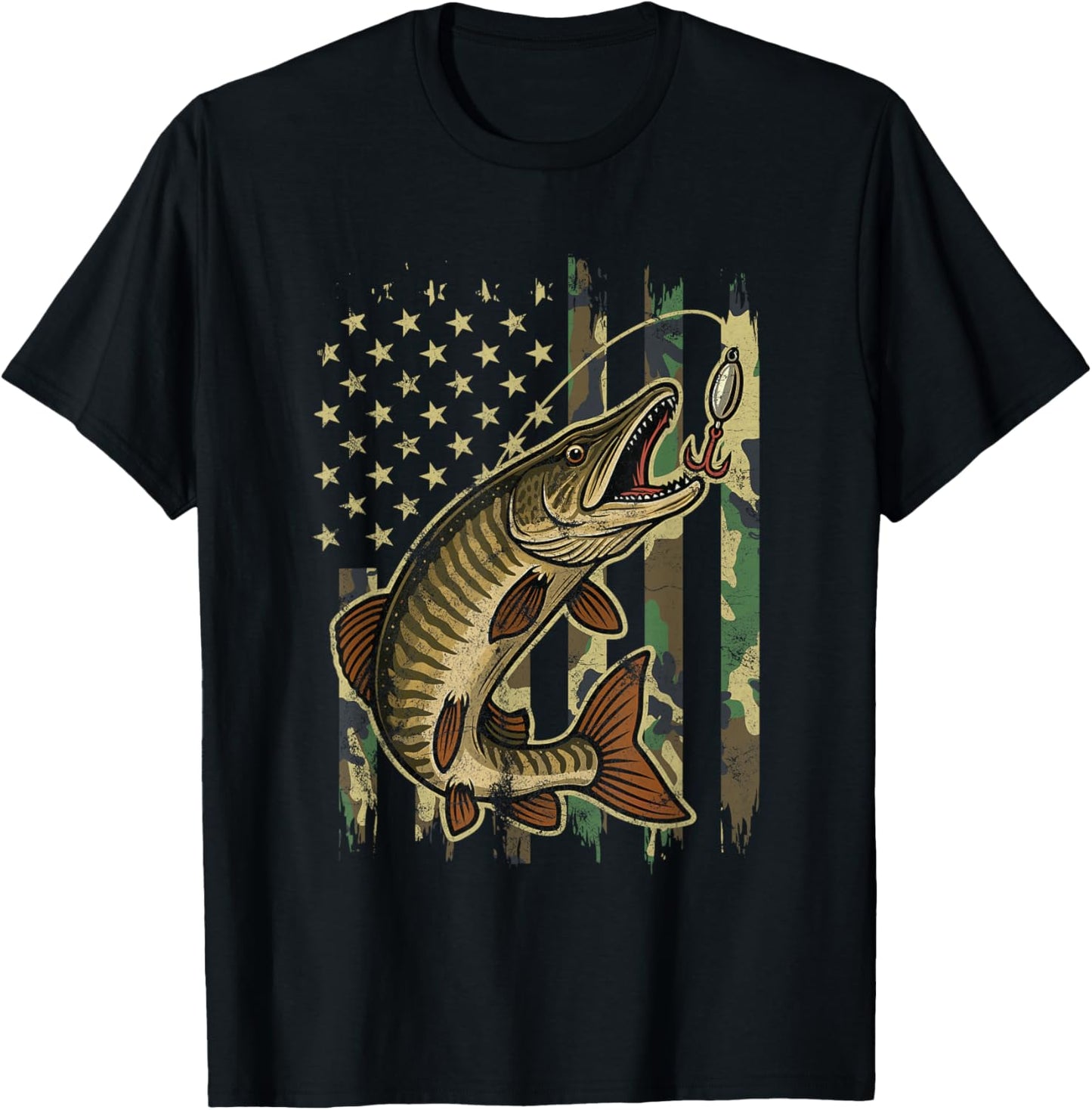 Muskie Fishing Camo American Flag Musky Fisherman Design T-Shirt - T-Shirt | Black