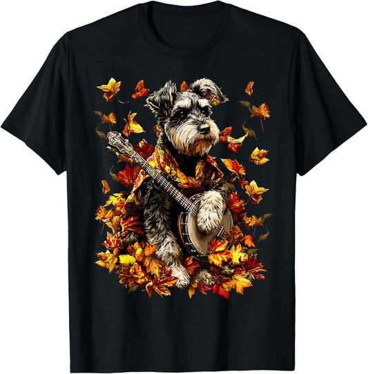 Banjoist Schnauzer Playing Banjo Fall Leaves Autumn Dog T-Shirt - T-Shirt | Black