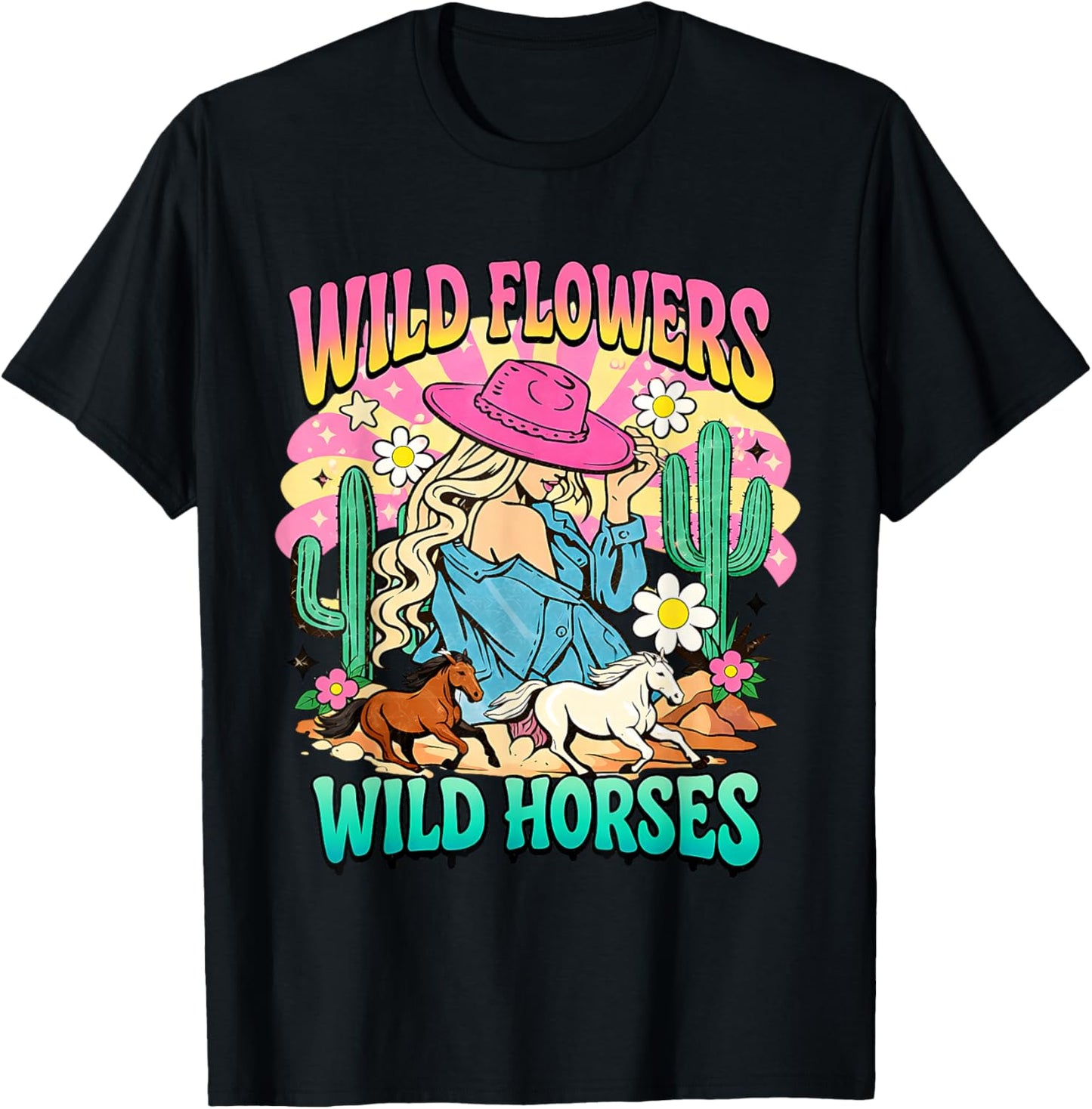 Wildflowers Wild Horses Boho Western Cowgirl Design T-Shirt - T-Shirt | Black