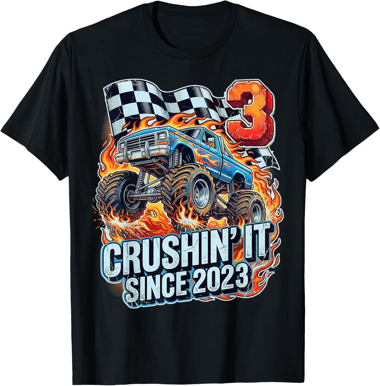 Birthday Monster Truck 3 Year Old Boys 3rd Party Born 2023 T-Shirt - T-Shirt | Black