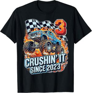 Birthday Monster Truck 3 Year Old Boys 3rd Party Born 2023 T-Shirt - T-Shirt | Black