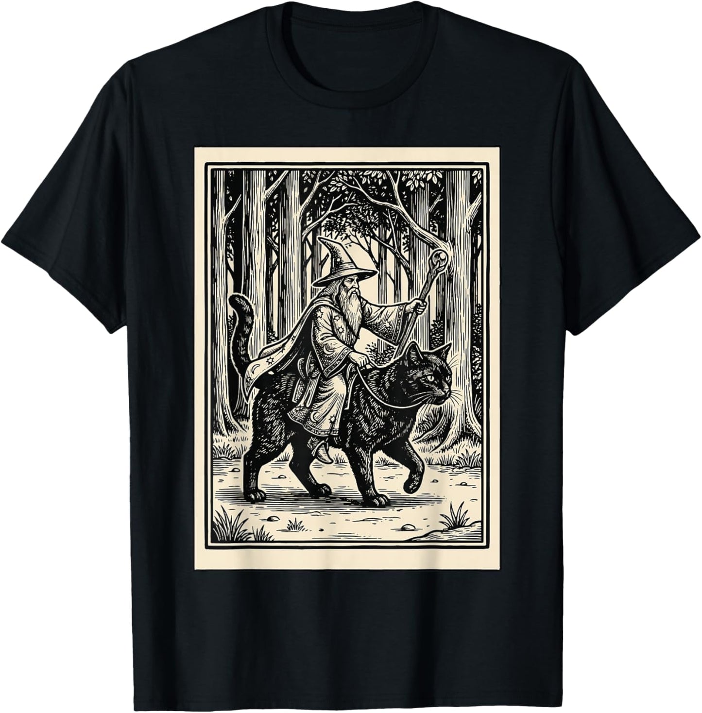 Wizard Riding Cat T-Shirt - T-Shirt | Black