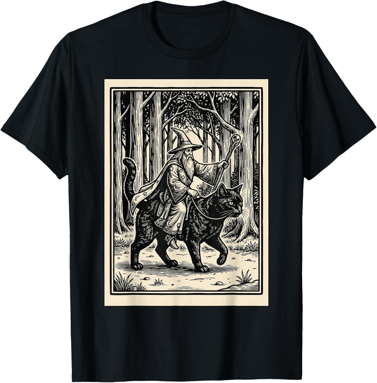 Wizard Riding Cat T-Shirt - T-Shirt | Black