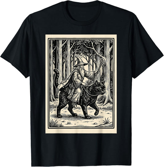 Wizard Riding Cat T-Shirt - T-Shirt | Black