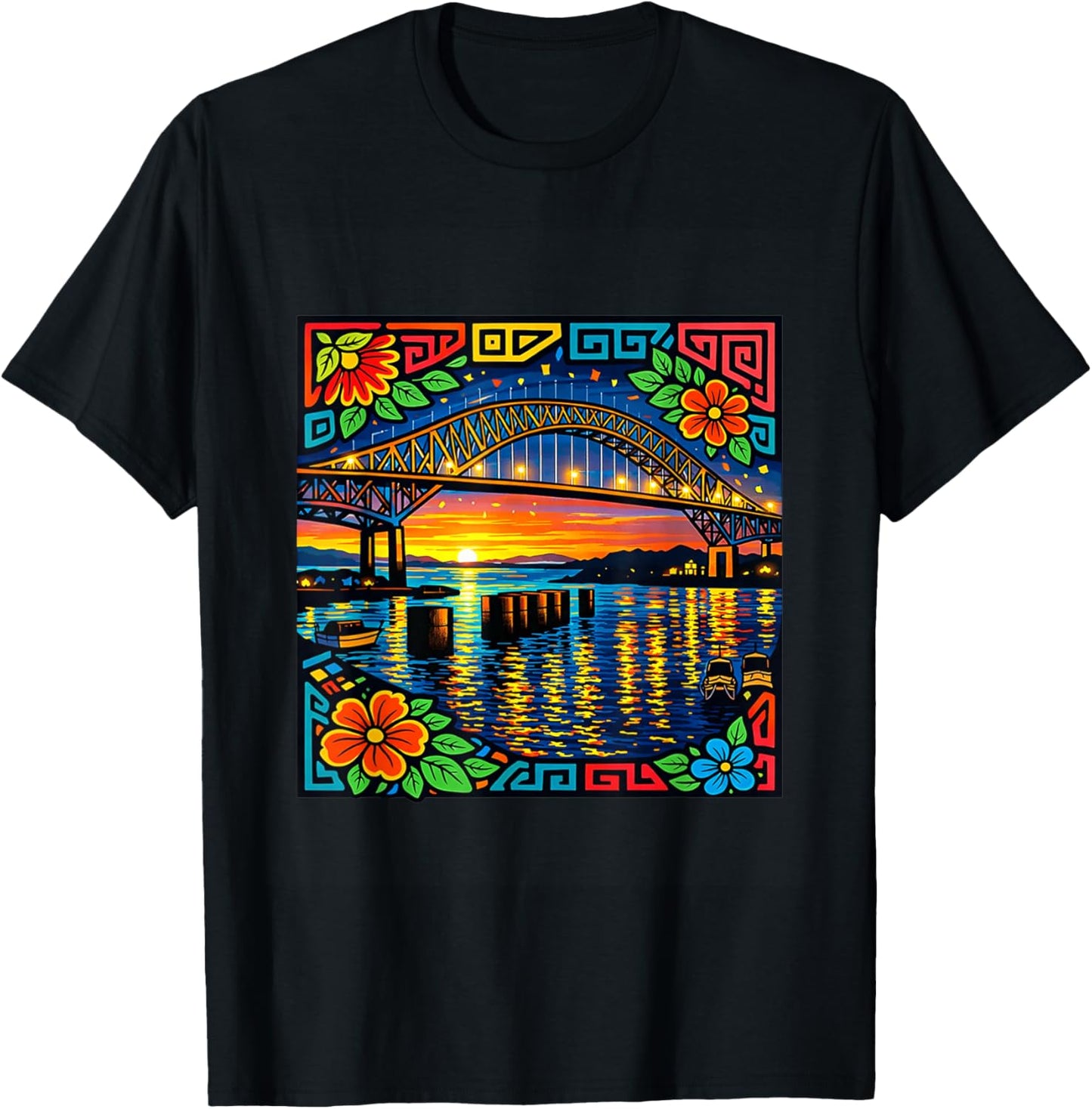 Americas Bridge Inspired by Mola Artwork of Panama Kuna T-Shirt - T-Shirt | Black
