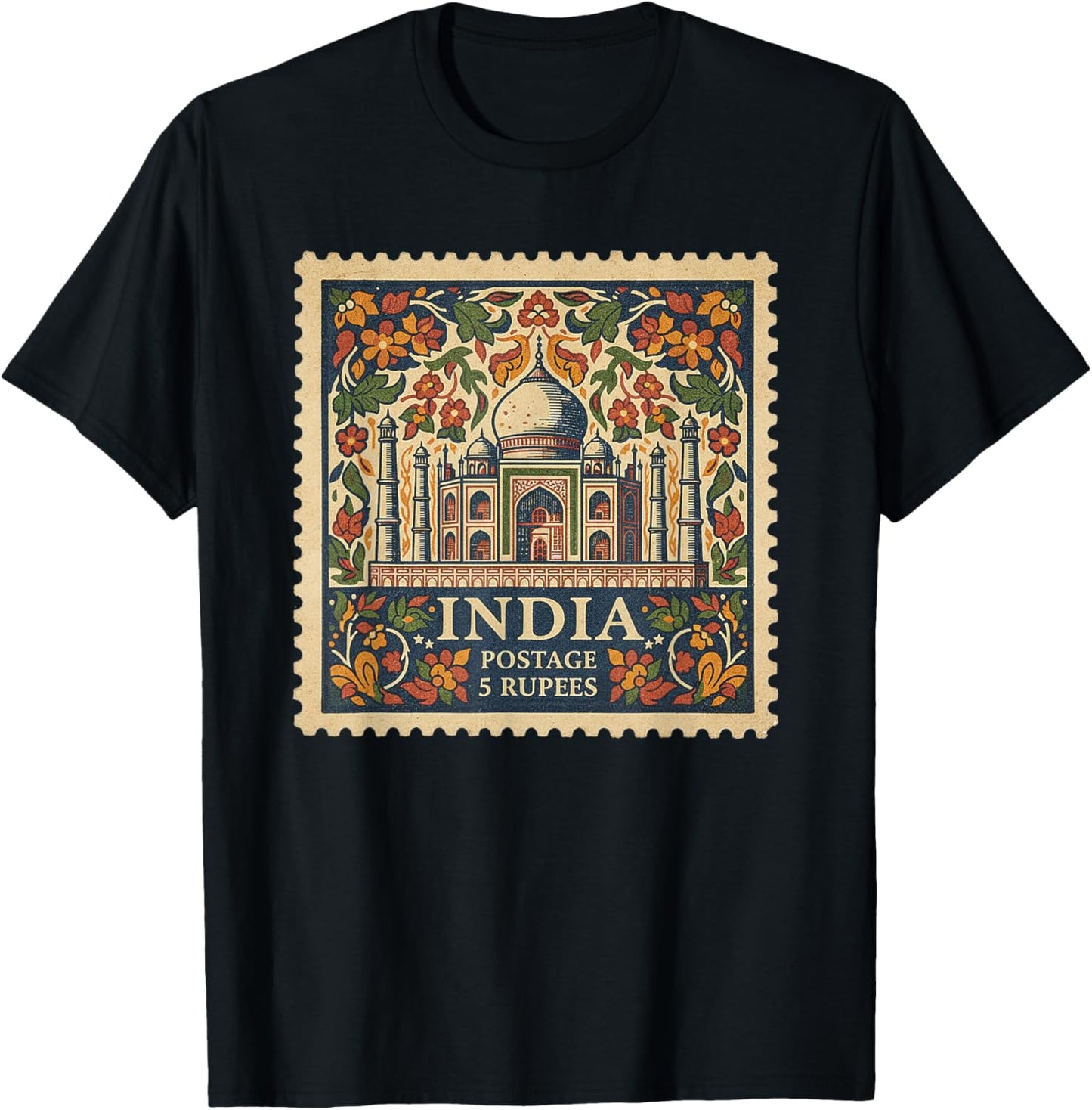 India Taj Mahal Vintage Stamp Retro Postage Floral Border T-Shirt - T-Shirt | Black