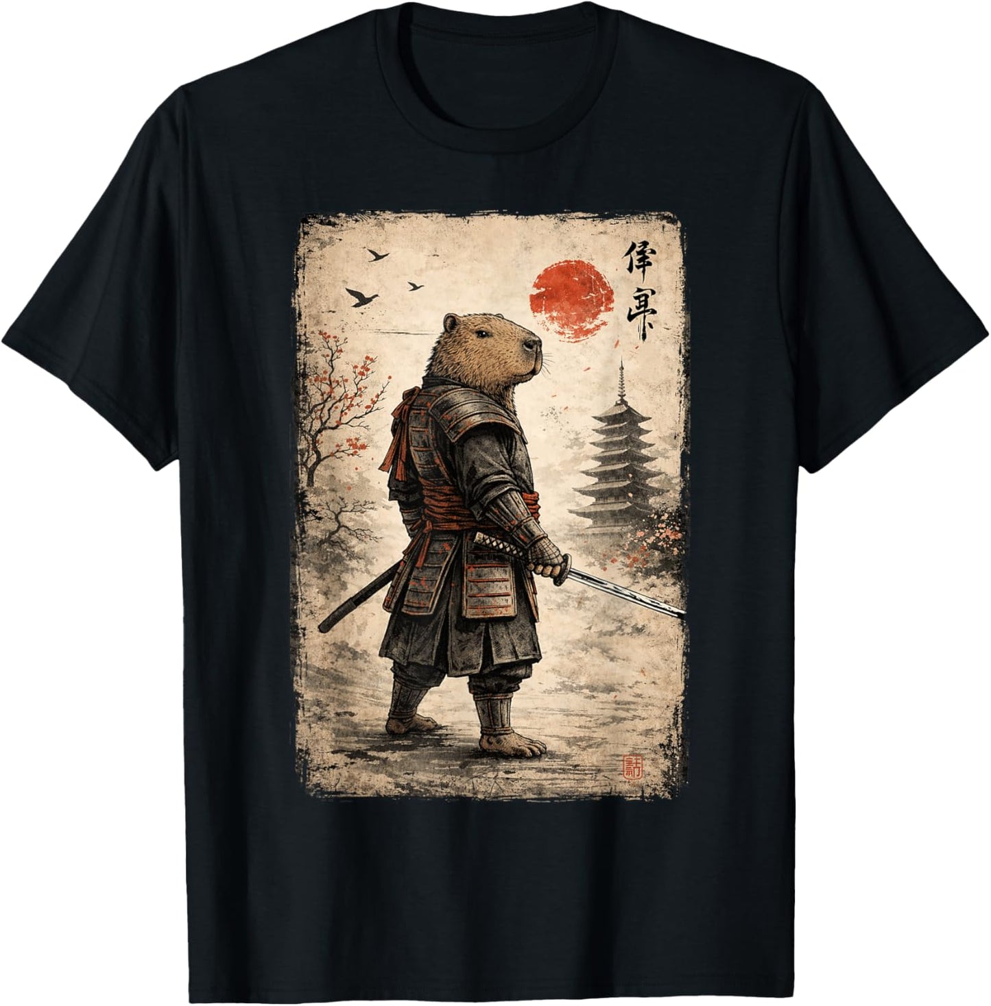 Samurai Capybara Funny Capybara Vintage Graphic Ukiyo-e Art T-Shirt - T-Shirt | Black