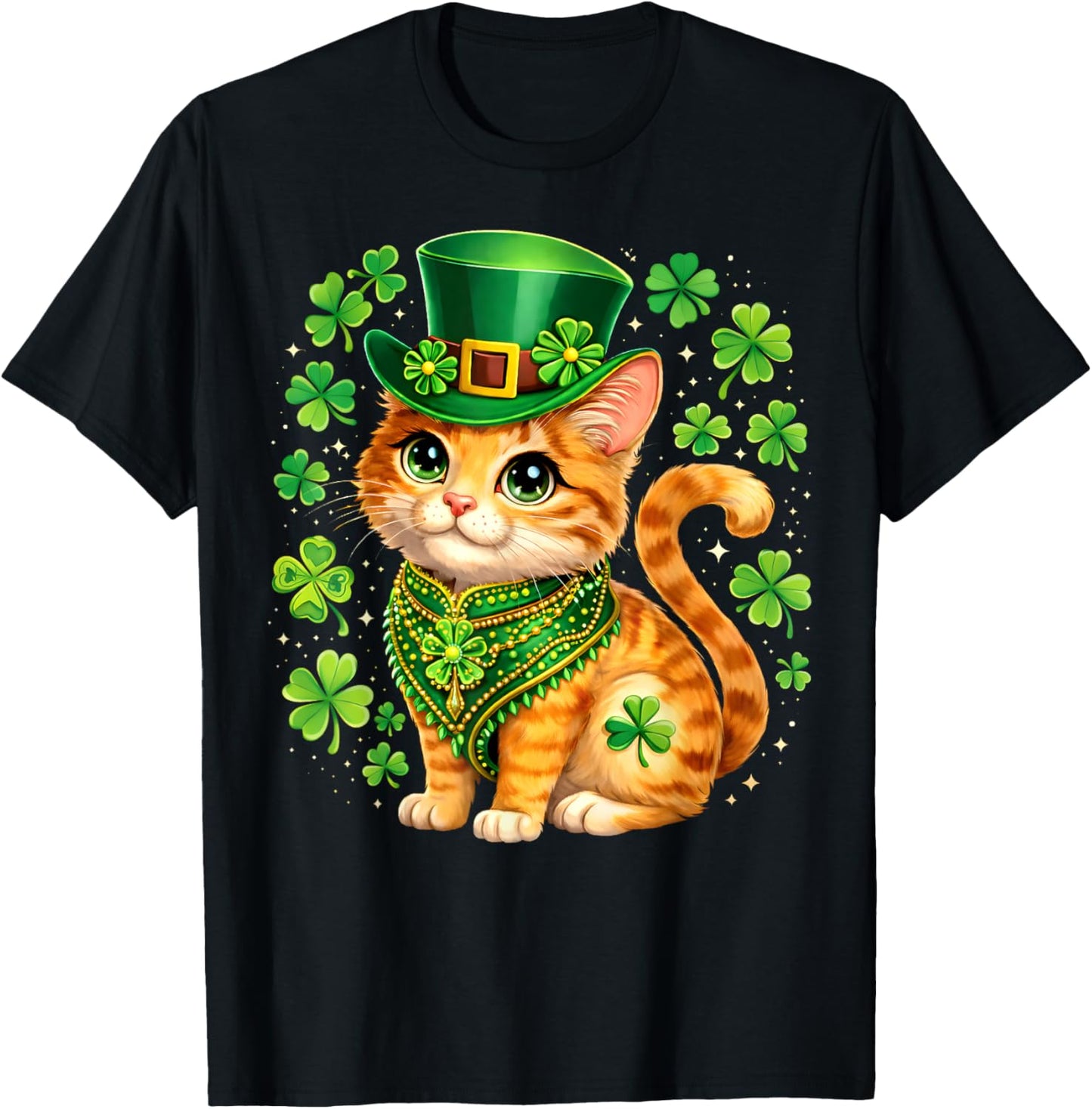 St Patricks Day Cat Leprechaun Hat Shamrock Saint Pattys Day T-Shirt - T-Shirt | Black