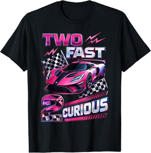 Car Racer 2nd Birthday Girl Two Fast 2 Curious T-Shirt - T-Shirt | Black