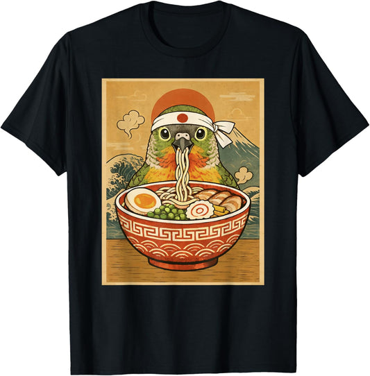 Kawaii Green Cheek Conure Parrot Japanese Ramen Noodles T-Shirt - T-Shirt | Black