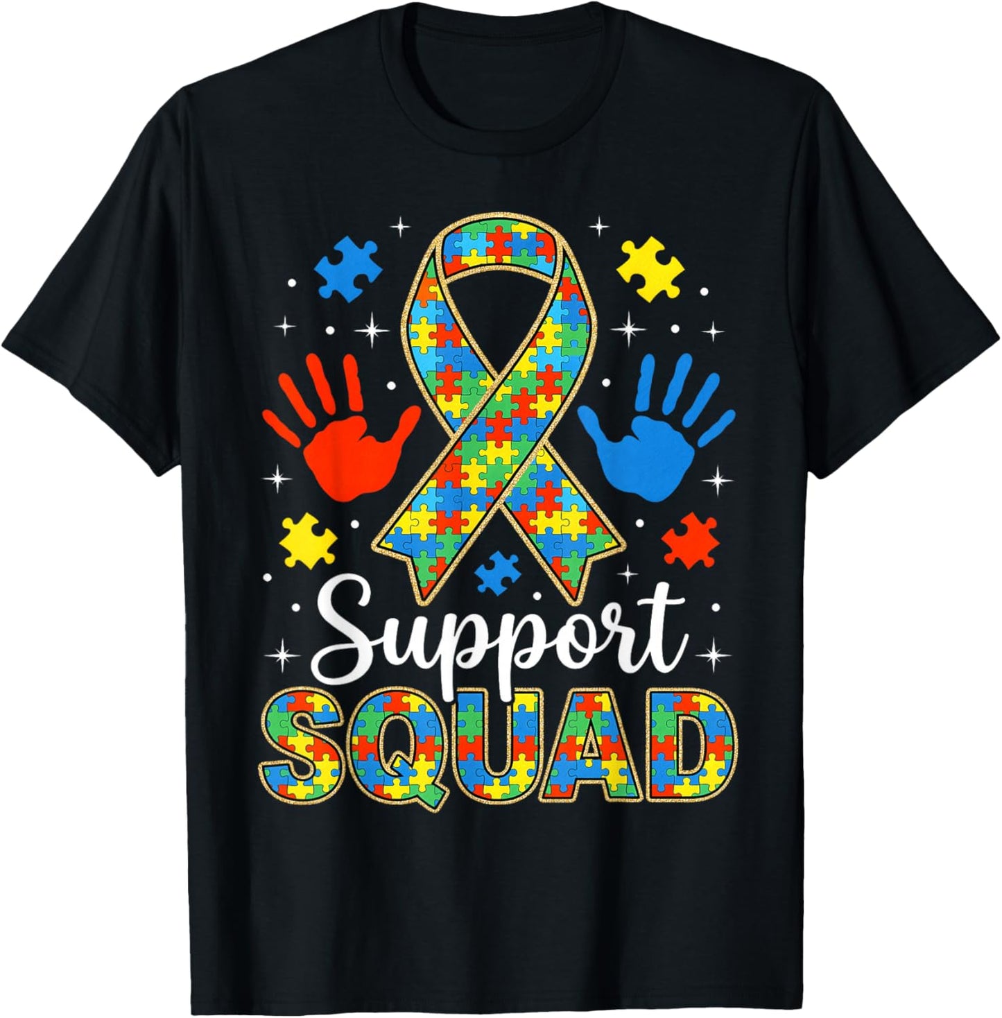 Autism Awareness Puzzle Ribbon Autism Support Squad Family T-Shirt - T-Shirt | Black