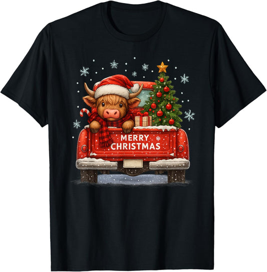 Merry Christmas Highland Cow Red Truck Funny T-Shirt - T-Shirt | Black