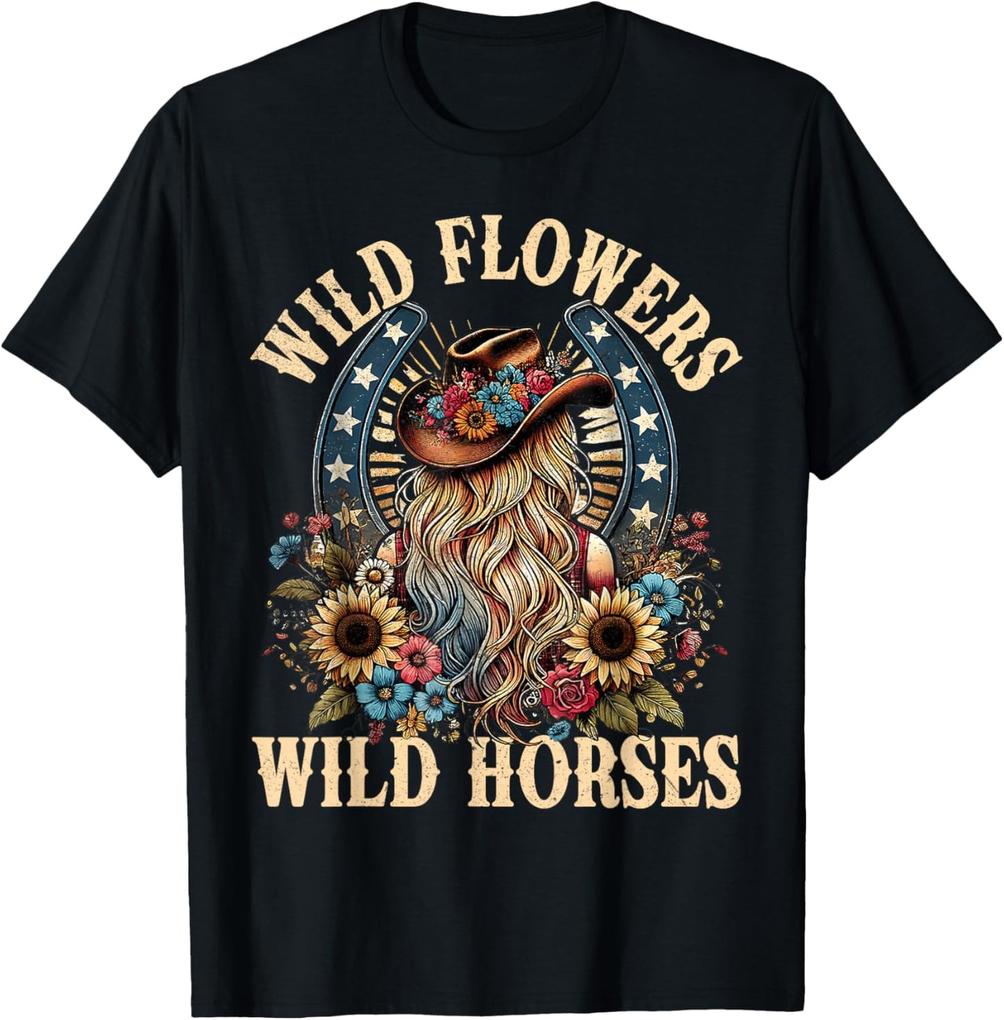 Retro Southern Sunset Cowgirl Wild Flowers - Wild Horses T-Shirt - T-Shirt | Black