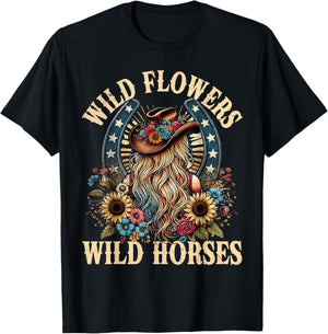 Retro Southern Sunset Cowgirl Wild Flowers - Wild Horses T-Shirt - T-Shirt | Black