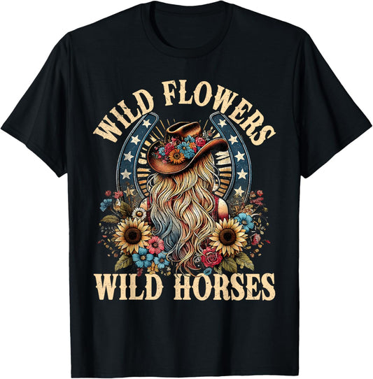 Retro Southern Sunset Cowgirl Wild Flowers - Wild Horses T-Shirt - T-Shirt | Black