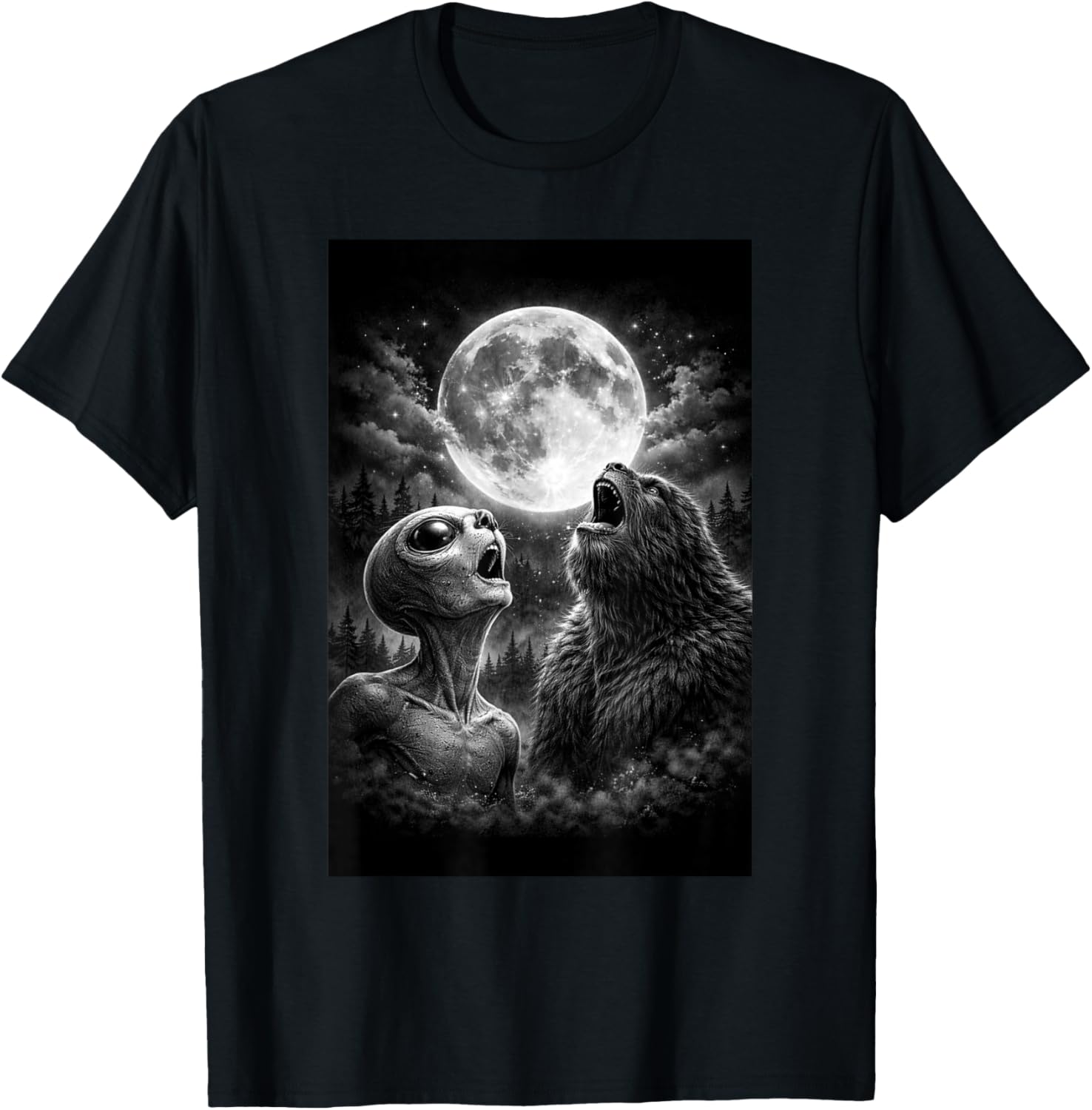 Funny Alien and Bigfoot Howling at Moon Humor Man Woman T-Shirt - T-Shirt | Black