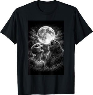 Funny Alien and Bigfoot Howling at Moon Humor Man Woman T-Shirt - T-Shirt | Black