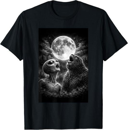 Funny Alien and Bigfoot Howling at Moon Humor Man Woman T-Shirt - T-Shirt | Black