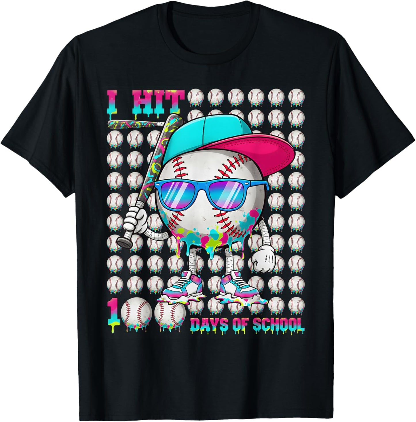 100 Days of School Baseball Drip Ice Cream Boys Kids T-Shirt - T-Shirt | Black